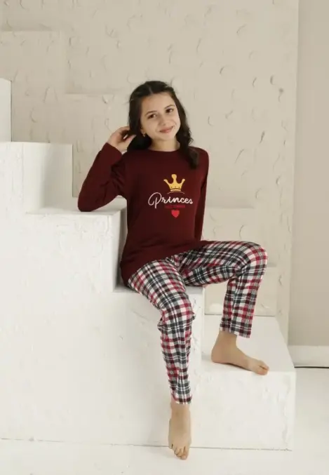 Pijama Fete, Mânecă Lungă si Pantaloni Lungi, Imprimeu Princes,Culoare Bordo,Engros